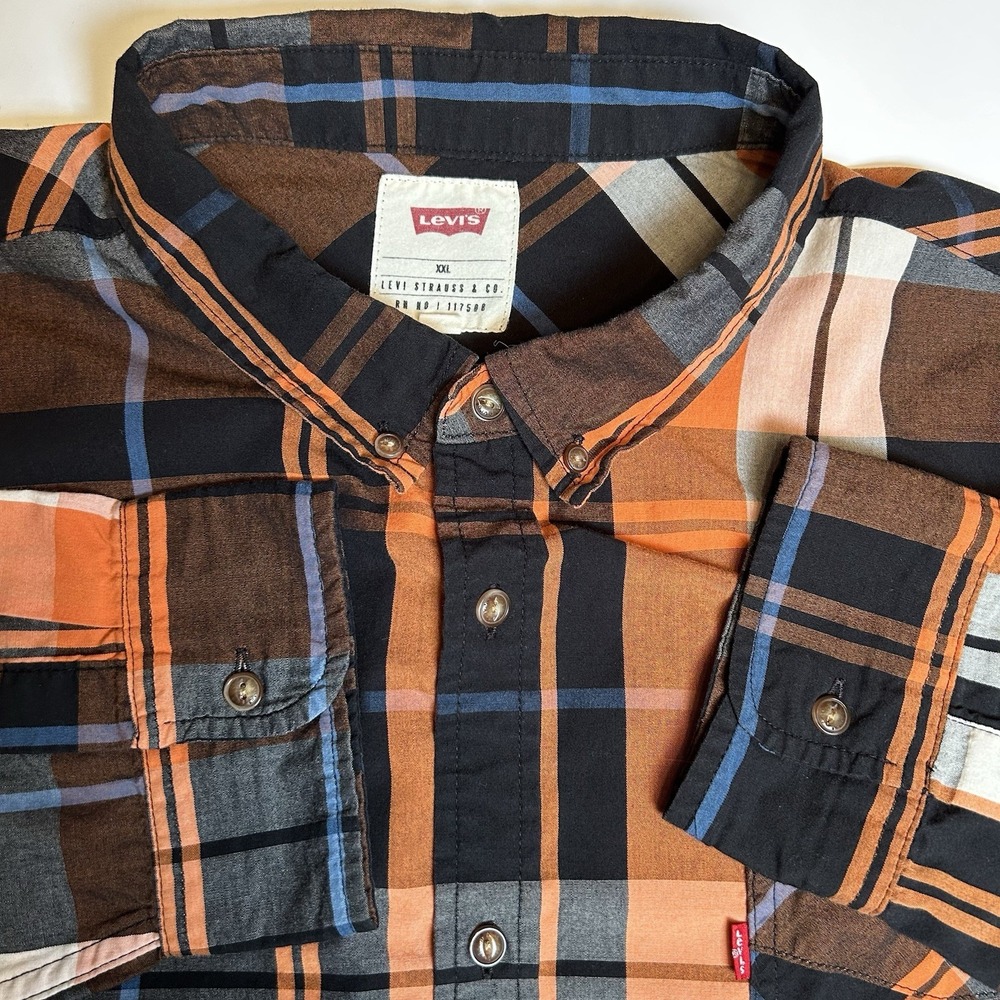 Levi's Men's Plaid Shirt Orange Black Gray Tan - Red Tab Chest‎ Pocket XXL 2XL